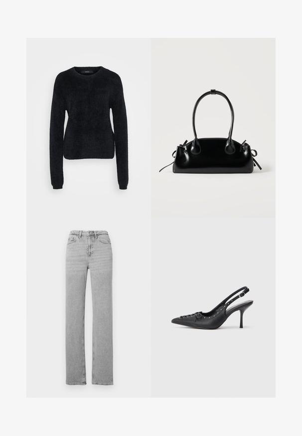 Sort sweater lavet af blødt stof, med lange ærmer, en rund halsudskæring og en let croppet kant med en tekstureret overflade.; Lysegrå straight-leg denim jeans med frontknap og lynlås, bæltestropper og fem-lomme-design.; Sorte læder slingback stiletto med spids tå, side spændebånd, nitter langs kanten og dekorativ snøring foran.; Lille sort blank håndtaske med to lange håndtag og snøre-detaljer i siden på en ensfarvet lys baggrund.