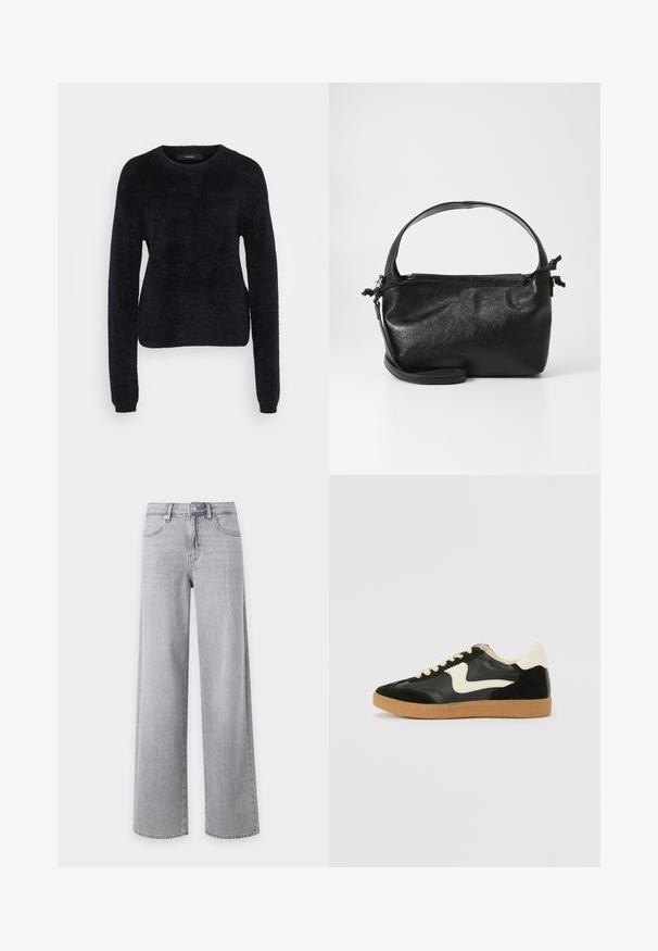 Sort sweater lavet af blødt stof, med lange ærmer, en rund halsudskæring og en let croppet kant med en tekstureret overflade.; Lysegrå vid jeans med frontknap, lynlås og forlommer på hvid baggrund.; Sorte ruskinds- og lædersneakers med en cremefarvet side-swoosh og lys cremefarvet hæl. Har beige snørebånd og en gummirubber-sål.; Sort læderhåndtaske med et struktureret design, rund tophåndtag og aftagelig skulderrem. Den har en glat tekstur og en subtil glans.