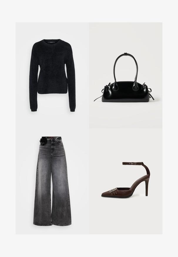 Suéter negro hecho de un tejido esponjoso, con mangas largas, un escote redondo y un dobladillo ligeramente corto con una superficie texturizada.; Jean de pierna ancha en denim negro desgastado, con una cintura alta y un adorno floral negro decorativo en la cinturilla.; Zapato de tacón alto de cuero marrón con punta puntiaguda, tres pequeñas hebillas plateadas en la parte delantera y una correa ajustable en el tobillo con hebilla.; Pequeño bolso negro brillante con dos asas largas y detalles de cordón lateral sobre un fondo claro liso.