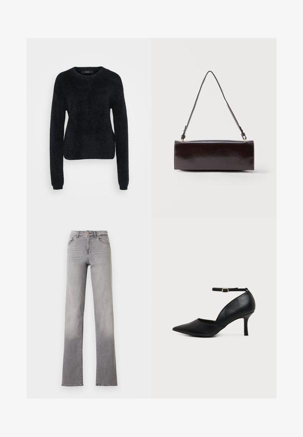 Sort sweater lavet af blødt stof, med lange ærmer, en rund halsudskæring og en let croppet kant med en tekstureret overflade.; Lysegrå jeans med lige ben, fem lommer, knaplukning og synlige syninger, vist mod en hvid baggrund.; Sort læder sko med spids tå, kitten heel, ankremme og gylden spænde på neutral baggrund.; Rektangulær sort læderhåndtaske med en enkelt lang rem og blank finish, vist mod en ensfarvet hvid baggrund.