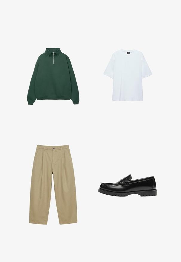Sweat à capuche zippé vert foncé avec un col haut. Fabriqué en matériau doux, présentant des épaules tombantes et des poignets et un ourlet côtelés.; T-shirt blanc uni oversize à manches courtes avec col rond et étiquette noire à l'intérieur du col sur fond blanc.; Pantalon large kaki avec plis sur le devant, passants pour ceinture, poches latérales et fermeture par bouton à la taille.; Mocassin en cuir noir avec une semelle en caoutchouc épaisse et un détail classique de bride à monnaie, vu de côté extérieur.