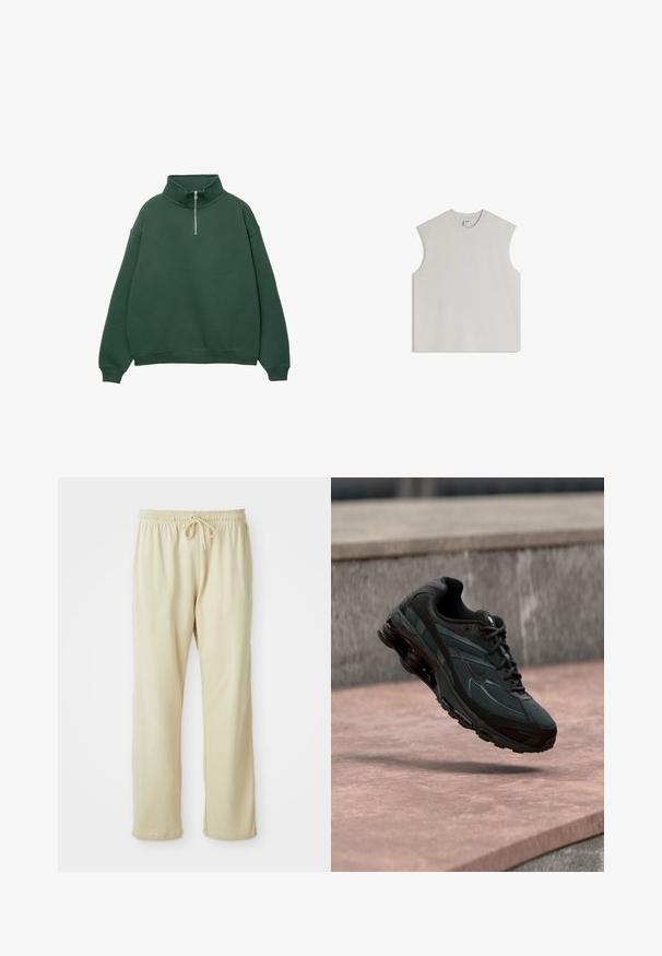 Sweat à capuche zippé vert foncé avec un col haut. Fabriqué en matériau doux, présentant des épaules tombantes et des poignets et un ourlet côtelés.; Débardeur sans manches gris clair en coton doux, doté d'un col rond, d'une coupe décontractée et d'un design minimaliste sans ornements.; Pantalon de survêtement beige clair avec taille à cordon, jambes fuselées et texture douce. Présente un logo de marque discrète sur la jambe inférieure.; Baskets athlétiques noires avec une semelle intercalaire à coussin d’air visible flottant au-dessus d’une surface en pierre rose avec un mur en pierre gris en arrière-plan.