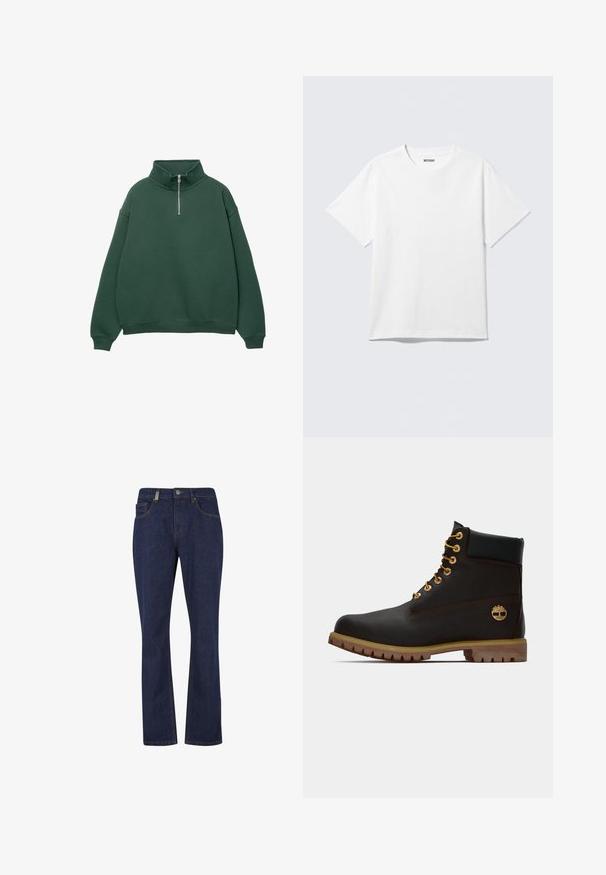 Donkergroen, ritssluiting sweatshirt met hoge kraag. Gemaakt van zacht materiaal, met verlaagde schouders en ribgebreide manchetten en zoom.; Witte T-shirt met korte mouwen en ronde hals, plat gelegd, effen ontwerp, met een "WEEKDAY" label in de kraag op een lichte achtergrond.; Donkerblauwe rechte jeans van denim met voorste knoop en rits, met voor- en achterzakken en zichtbare stikseldetails.; Zwarte leren enkellaars met gouden oogjes, bruine accenten en een rubberen zool. Heeft een gevoerde kraag en geperst logo aan de zijkant.