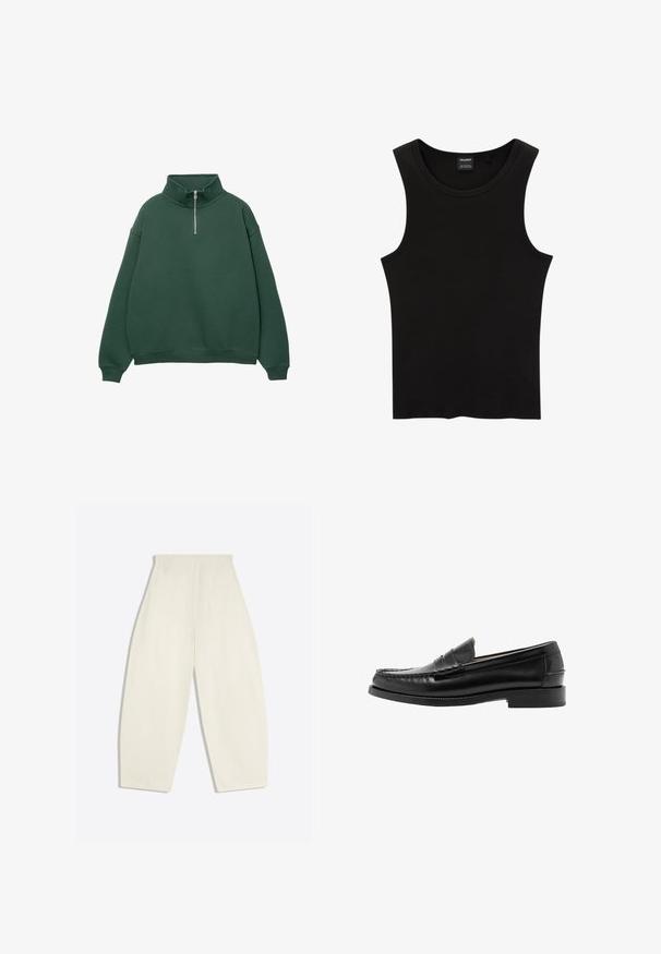 Donkergroen, ritssluiting sweatshirt met hoge kraag. Gemaakt van zacht materiaal, met verlaagde schouders en ribgebreide manchetten en zoom.; Zwarte geribbelde tanktop met een ronde halslijn en wijde armsgaten, gemaakt van een zachte, rekbare stof. Label: Pull&Bear.; Crèmekleurige broek met hoge taille en wijde pijpen, met achterzakken en ceintuurlussen, plat gelegd op een lichte achtergrond.; Zwarte leren penny loafer met gestikte moc-toe, lage hak en glad gepolijste afwerking, zijaanzicht tegen een witte achtergrond.
