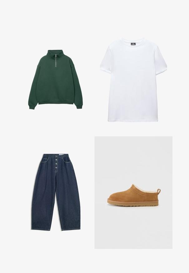 Donkergroen, ritssluiting sweatshirt met hoge kraag. Gemaakt van zacht materiaal, met verlaagde schouders en ribgebreide manchetten en zoom.; Effen wit T-shirt met korte mouwen en een ronde hals met een zwart Pull&Bear-label aan de binnenkant van de kraag, afgebeeld op een witte achtergrond.; Donkerblauwe denim brede broek met een hoge taille, vijfknopen sluiting en vijf zakken. Heeft stiksels op de naden.; Bruine suède instapper met een zachte, witte bontvoering, een afgeronde neus en een rubberen buitenzool met kleine profielpatronen.