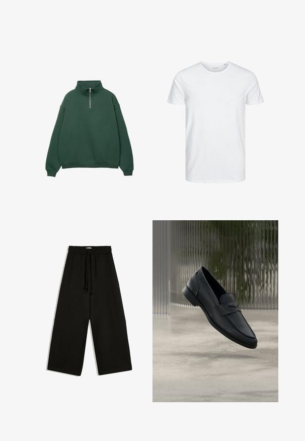 Sweat à capuche zippé vert foncé avec un col haut. Fabriqué en matériau doux, présentant des épaules tombantes et des poignets et un ourlet côtelés.; T-shirt à col rond à manches courtes de couleur blanche unie, fabriqué en coton doux, avec un design simple sans motifs ni accents visibles.; Pantalon noir à jambes larges avec taille élastique et cordon de serrage, coupe ample et poches latérales.; Mocassin en cuir noir à finition lisse, bout pointu et détails cousus sur le dessus. Talon bas et design minimaliste.