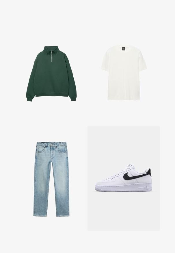 Mørkegrøn, lynlås sweatshirt med høj krave. Lavet af blødt materiale, med dropped shoulders og ribbede manchetter og kant.; Enkelt hvid kortærmet bomulds-T-shirt med rund halsudskæring og sort mærkeindlæg inde i kraven.; Lyseblå jeans med lige ben, knap- og lynlåslukning, fem lommer og et falmet, let slidt udseende. Ingen synligt mærke.; Hvide lædersneakers med en struktureret sort Swoosh, flade snørebånd og en gummisål med et rillemønster. "AIR" er præget på hælen.
