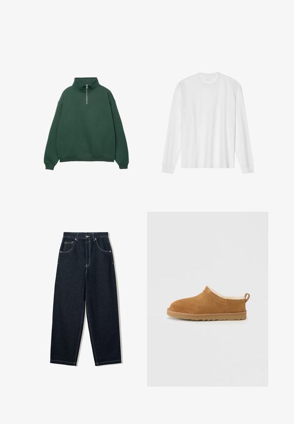 Mørkegrøn, lynlås sweatshirt med høj krave. Lavet af blødt materiale, med dropped shoulders og ribbede manchetter og kant.; Hvid, langærmet t-shirt i bomuld med rund hals, med ribbede ærmeafslutninger og en lige kant, glat tekstur og minimalistisk design.; Løsvidde, mørke denim jeans med kontrastfarvet hvid syning, fem lommer og knappelukning. Har et højt talje-design.; Brun ruskind slip-on sko med blød, hvid pelsforing, rundet tå og gummiydersål med små slidmønstre.