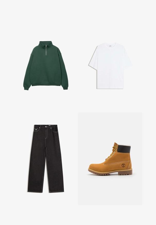 Donkergroen, ritssluiting sweatshirt met hoge kraag. Gemaakt van zacht materiaal, met verlaagde schouders en ribgebreide manchetten en zoom.; Wit oversized katoenen T-shirt met een ronde hals en korte mouwen; gladde textuur, zonder zichtbare patronen of accenten.; Zwarte jeans met wijde pijpen, contrasterende witte stiksels, knoopsluiting, lussen voor een riem en een ontwerp met vijf zakken, waaronder een klein logoplaatje op de voorzak.; Bruine leren enkellaars met metalen oogjes, witte faux bont voering, zwarte gewatteerde kraag, robuuste zool en een reliëflogo aan de zijkant.