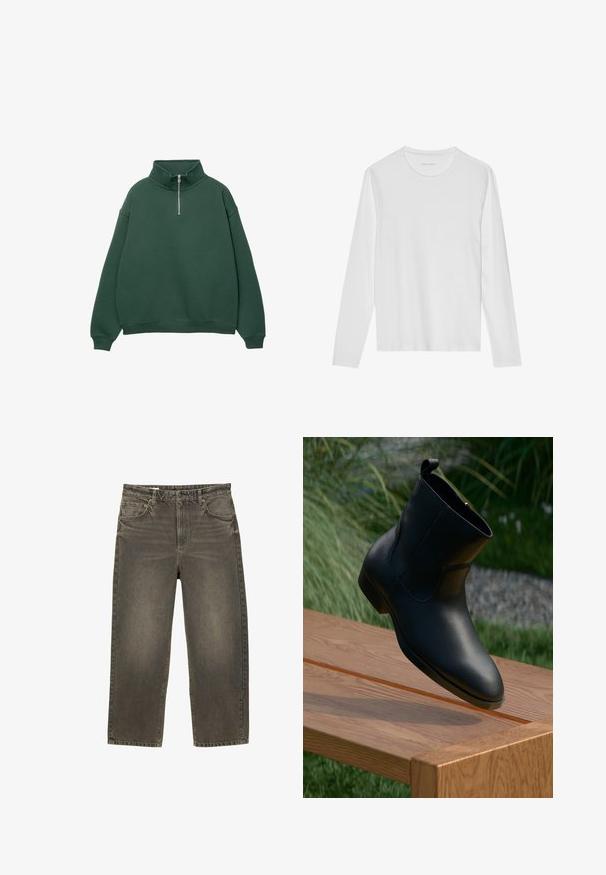 Mørkegrøn, lynlås sweatshirt med høj krave. Lavet af blødt materiale, med dropped shoulders og ribbede manchetter og kant.; Langærmet hvid T-shirt lavet af blød bomuld, med rund halsudskæring og en glat tekstur uden synlige mønstre eller accenter.; Breddebenede jeans i falmet grå denim med en let glans. Funktioner to frontlommer og en knaplukning. Vandret syning på taljeleddet.; Sort læder ankelstøvle med lynlås, placeret i den ene ende af en poleret træbænk udendørs med græs og sten i baggrunden.