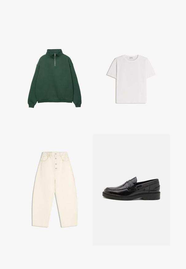 Mørkegrøn, lynlås sweatshirt med høj krave. Lavet af blødt materiale, med dropped shoulders og ribbede manchetter og kant.; Hvid bomuld T-shirt med rund halsudskæring og korte ærmer. Har en klassisk, firkantet form uden synlige mønstre eller detaljer.; Højtbådede, viddebenede bukser i cremefarve med frontknaplukning og sidelommer samt baglommer på hvid baggrund.; Sorte læder loafers med en glat finish, rund tå, lav hæl og dekorativ syning langs forsiden. Gummisål for godt greb.