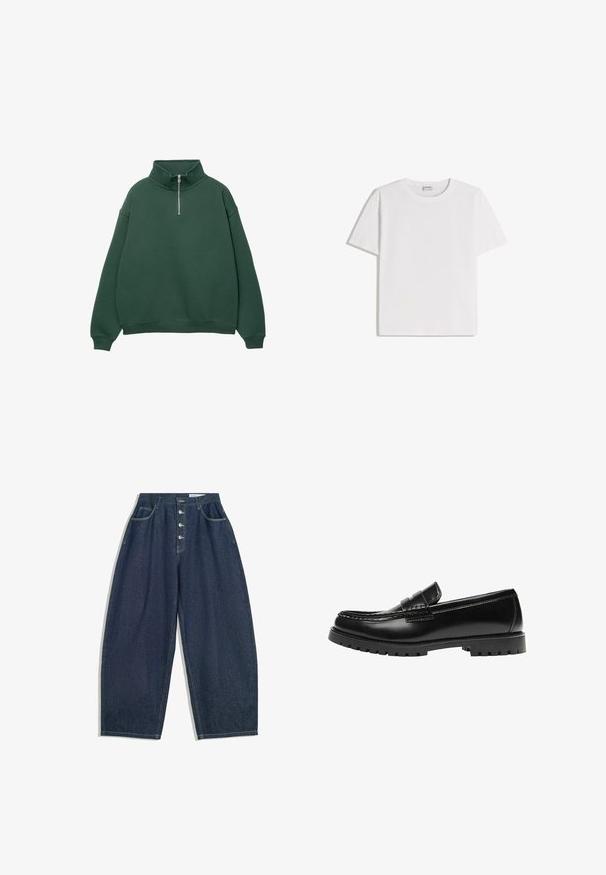 Mørkegrøn, lynlås sweatshirt med høj krave. Lavet af blødt materiale, med dropped shoulders og ribbede manchetter og kant.; Hvid bomuld T-shirt med rund halsudskæring og korte ærmer. Har en klassisk, firkantet form uden synlige mønstre eller detaljer.; Mørkeblå denim bukser med brede ben og høj talje, fem knaplukninger og fem lommer. Har stikninger som accent på sømmene.; Sort læderloafer med en kraftig gummisål og klassiske penny-strap detaljer, vist fra ydersiden.