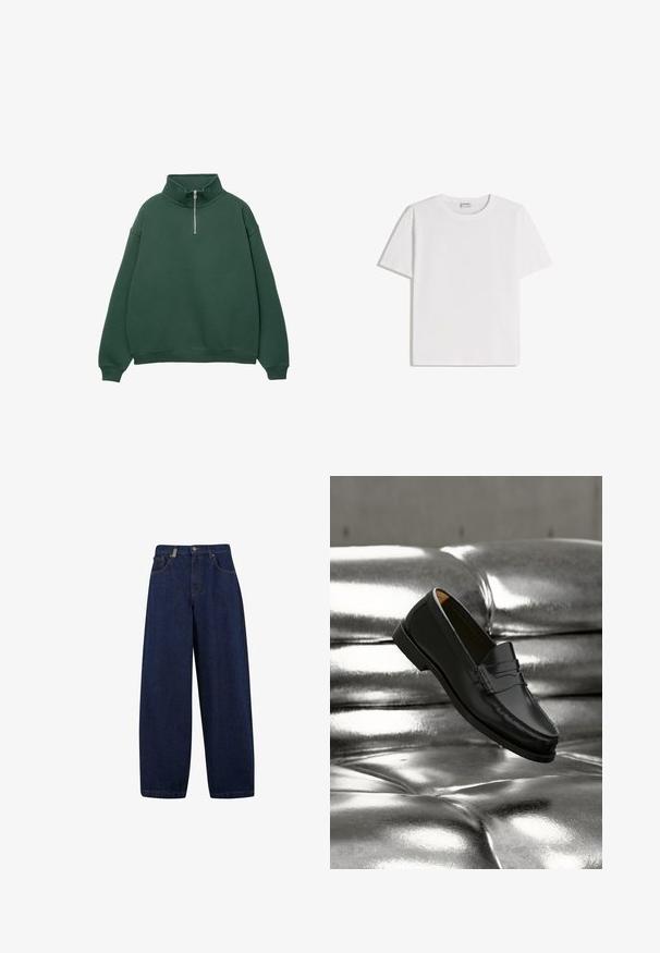 Donkergroen, ritssluiting sweatshirt met hoge kraag. Gemaakt van zacht materiaal, met verlaagde schouders en ribgebreide manchetten en zoom.; Wit katoenen T-shirt met een ronde hals en korte mouwen. Heeft een klassieke, rechte pasvorm zonder zichtbare patronen of accenten.; Losse, donkerblauwe denim jeans met een hoge taille, frontzakken en een recht model. Inclusief zilverkleurige hardware en minimale stiksels.; Zwarte leren loafer zweeft boven een glanzende zilveren leren bank met knopen in een minimalistische setting.