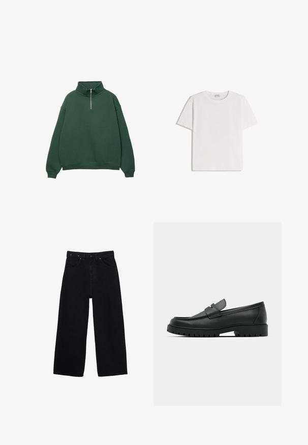 Mørkegrøn, lynlås sweatshirt med høj krave. Lavet af blødt materiale, med dropped shoulders og ribbede manchetter og kant.; Hvid bomuld T-shirt med rund halsudskæring og korte ærmer. Har en klassisk, firkantet form uden synlige mønstre eller detaljer.; Sorte vidde-ben denimjeans med knaplukning foran, lynlås, bæltestropper og klassisk styling med fem lommer.; Sorte læder loafers med rund tå, der har et syet design, lav platformssål og en struktureret, skridsikker gummisål.