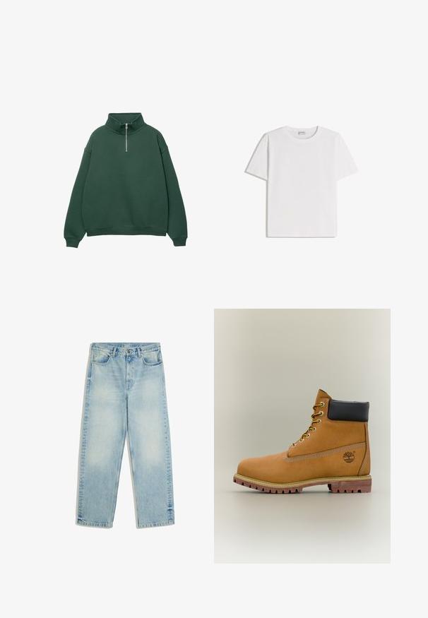Sweat à capuche zippé vert foncé avec un col haut. Fabriqué en matériau doux, présentant des épaules tombantes et des poignets et un ourlet côtelés.; T-shirt en coton blanc avec un col rond et des manches courtes. Présente une coupe classique et carrée, sans motifs ni accents visibles.; Jean bleu clair à jambe droite avec taille haute, bouton sur le devant, fermeture éclair, passants de ceinture et poches avant, présenté à plat sur fond blanc.; Bottine en cuir marron avec col noir, lacets jaunes et semelle beige. Présente un logo et des détails de couture blanche. Semelle extérieure à traction robuste.