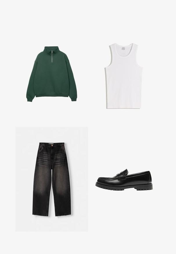 Mørkegrøn, lynlås sweatshirt med høj krave. Lavet af blødt materiale, med dropped shoulders og ribbede manchetter og kant.; Hvid bomulds tanktop med rund halsudskæring og brede skulderstropper. Glat tekstur, uden mønstre eller detaljer, enkelt design.; Sorte denim bukser med vid ben, der har et falmet design, fem lommer, knaplukning og subtile slidte detaljer foran.; Sort læderloafer med en kraftig gummisål og klassiske penny-strap detaljer, vist fra ydersiden.