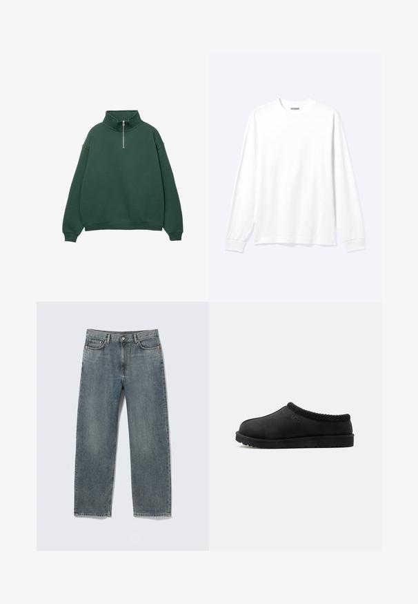 Mørkegrøn, lynlås sweatshirt med høj krave. Lavet af blødt materiale, med dropped shoulders og ribbede manchetter og kant.; Langærmet plain hvid skjorte med rund hals og ribkantede manchetter, vist på en neutral lys baggrund.; Blå straight-fit denimjeans med for- og baglommer, bæltestropper og knaplukning, vist fladt på hvid baggrund.; Sort slip-on UGG-tøfler med en blød sål og strikket kant rundt kraven, sidevisning på hvid baggrund.
