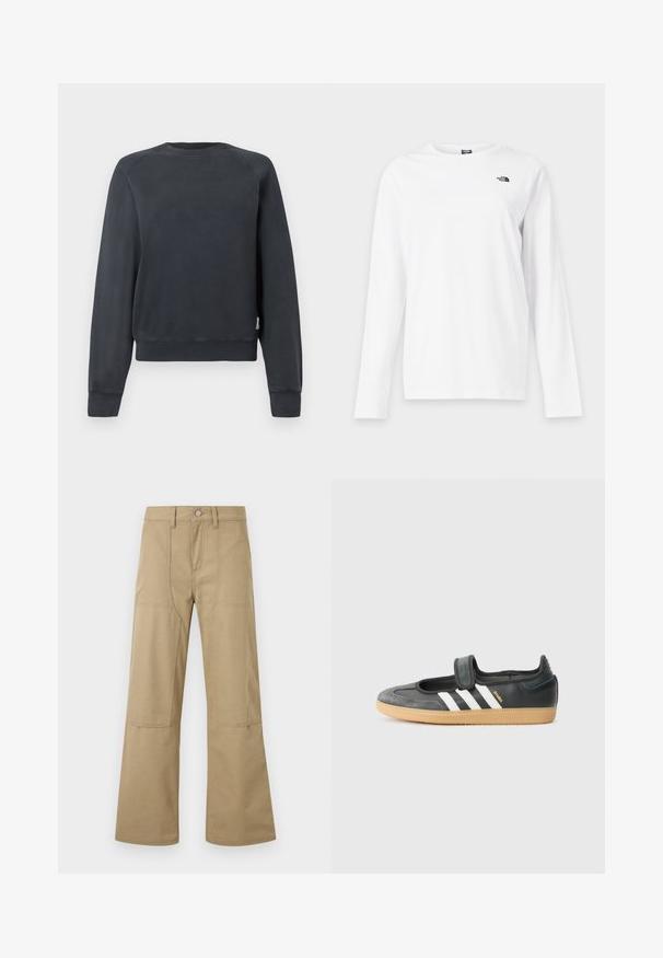 Mørkegrå sweatshirt med rund halsudskæring, raglanærmer samt ribstrikkede manchetter og kant. Glat tekstur uden synlige mønstre eller accenter.; Hvid langærmet T-shirt med rund hals og lille sort The North Face-logo på venstre bryst.; Beige bukser med høj talje og brede ben, udstyret med forlommer, bæltestropper og knaplukning. Enkel, holdbar stof med synlige sømme.; Sort læder- og ruskinds sneakers med en Velcro-rem, der har tre hvide striber og en gummisål, mærket "SAMBA" på siden.