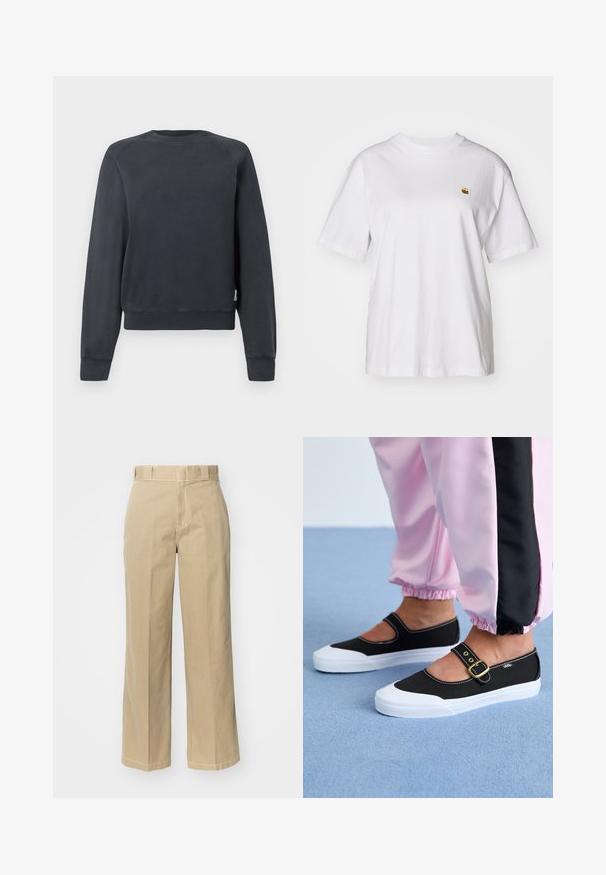 Mørkegrå sweatshirt med rund halsudskæring, raglanærmer samt ribstrikkede manchetter og kant. Glat tekstur uden synlige mønstre eller accenter.; Hvid bomulds-t-shirt med en afslappet pasform, korte ærmer og et lille broderet logo på venstre brystområde.; Beige brede benbukser lavet af bomuld, med bæltestropper, lynlås og kontrast stitching langs sømmene.; Sorte lærredssko med en hvid sål, der har et udskæringsdesign og et guldspænde. Bæret med lyserøde træningsbukser.