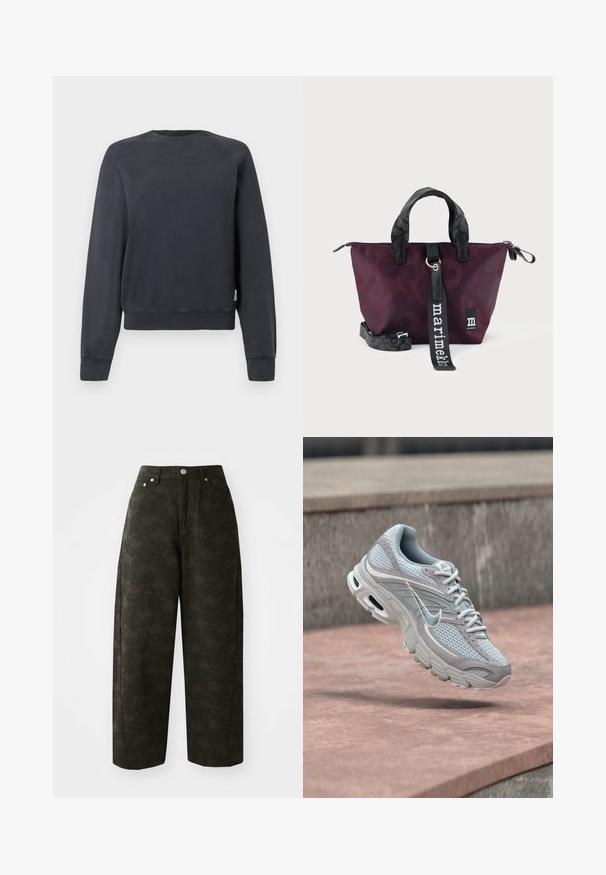 Mørkegrå sweatshirt med rund halsudskæring, raglanærmer samt ribstrikkede manchetter og kant. Glat tekstur uden synlige mønstre eller accenter.; Mørkegrønne vide bukser har et tekstureret blomsterdesign, fem lommer og metalknaplukninger i taljen.; Lysegrå og hvid Nike-løbesko med mesh og polstret sål, vist i luften mod en baggrund af betontrapper.; Lille mørkerød håndtaske med sorte mønstrede håndtag og aftagelig rem, med sort mærke med hvid "marimekko" tekst.
