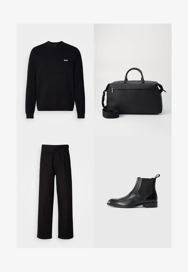 Pull en laine noir à manches longues avec un petit logo blanc "BOSS" sur la poitrine gauche, des poignets et un ourlet côtelés, présenté sur un fond blanc.; Pantalon noir en tissu lisse, avec une coupe droite, des plis à l'avant et une fermeture à bouton unique à la taille.; Bottine en cuir noir avec des panneaux latéraux élastiques, bout rond et tirette. Texture lisse, semelle plate, design minimaliste.; Sac de voyage en cuir noir avec deux poignées supérieures, une bandoulière amovible et une poche avant zippée pour un espace de rangement supplémentaire.