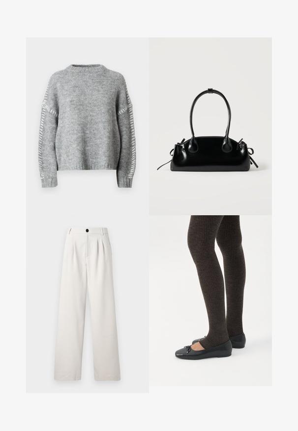 JDY JDYZOEY LIFE - Jersey de punto - light grey melange; Pantalones de pierna ancha beige fabricados con un tejido suave, que presentan pliegues frontales, un cierre de botón único y bolsillos laterales para mayor funcionalidad.; Piernas con leggings oscuros acanalados combinados con bailarinas negras que presentan pequeños detalles de lazo sobre un fondo blanco.; Pequeño bolso negro brillante con dos asas largas y detalles de cordón lateral sobre un fondo claro liso.