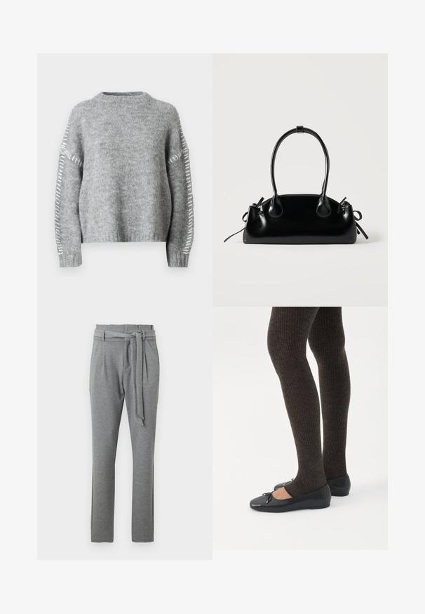 JDY Knitted JDYZOEY Knitted - Striktrøje - light grey melange; Grå bukser med en glat tekstur, der har en høj talje med bælte, sidelommer og en lige ben design.; Ben iført mørke ribbede leggings kombineret med sorte balletsko med små sløjfedetaljer på hvid baggrund.; Lille sort blank håndtaske med to lange håndtag og snøre-detaljer i siden på en ensfarvet lys baggrund.