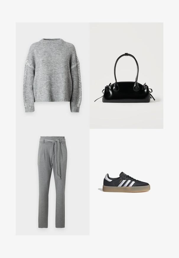 JDY JDYZOEY LIFE - Jersey de punto - light grey melange; Pantalones grises con una textura suave, que presentan una cintura alta con cinturón, bolsillos laterales y un diseño de pierna recta.; Zapatilla deportiva de cuero negro con tres rayas plateadas, punta texturizada y suela de goma. Cuenta con un collar acolchado y un diseño con cordones.; Pequeño bolso negro brillante con dos asas largas y detalles de cordón lateral sobre un fondo claro liso.