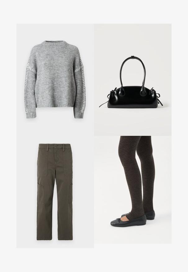 JDY Knitted JDYZOEY Knitted - Jersey de punto - light grey melange; Good American CROPPED PANTS - Pantalones cargo - fatigue; Piernas con leggings oscuros acanalados combinados con bailarinas negras que presentan pequeños detalles de lazo sobre un fondo blanco.; Pequeño bolso negro brillante con dos asas largas y detalles de cordón lateral sobre un fondo claro liso.