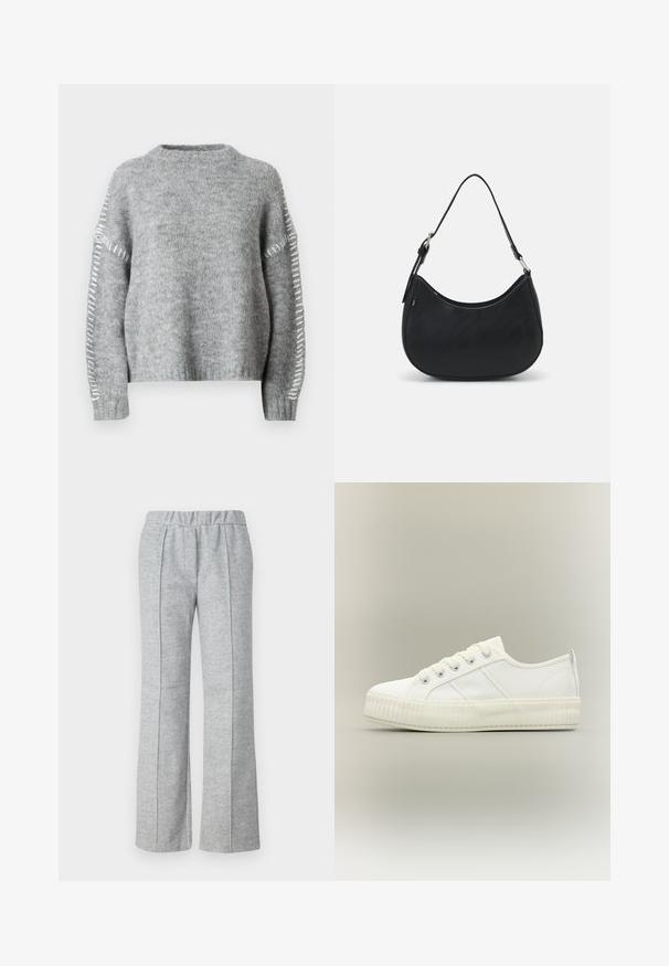 JDY Knitted JDYZOEY Knitted - Striktrøje - light grey melange; Grå, vide benbukser lavet af tekstureret stof; har en elastisk talje og plisserede frontdetaljer. Ren, minimalistisk design.; Hvid lavtop sneaker med tyk ribbet sål, snørelukning foran og trækflap på hælen mod en neutral baggrund.; Sort hobo taske lavet af glat læder med en buet silhuet, der har en enkelt justerbar skulderrem og minimalistiske designdetaljer.
