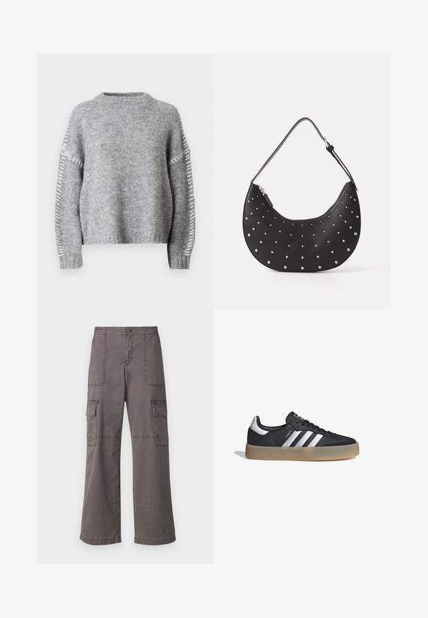 JDY JDYZOEY LIFE - Jersey de punto - light grey melange; Pantalones de carga grises de algodón con un diseño de pierna ancha, que cuentan con dos bolsillos delanteros, dos bolsillos laterales y detalles de costura visibles.; Zapatilla deportiva de cuero negro con tres rayas plateadas, punta texturizada y suela de goma. Cuenta con un collar acolchado y un diseño con cordones.; Bolso de mano de cuero negro con forma curva, adornado con tachuelas plateadas, cuenta con cierre de cremallera y una sola correa ajustable.