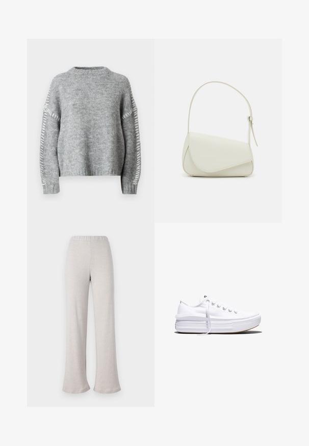 JDY Knitted JDYZOEY Knitted - Jersey de punto - light grey melange; Pantalones de campana en un beige claro, confeccionados con una tela texturizada, con una cinturilla elástica y un diseño de pierna ancha, aptos para uso casual.; Zapatilla blanca de lona de perfil bajo con suela gruesa de plataforma, cierre de cordones en el frente y puntera de goma texturizada, mostrada de perfil.; Bolso de mano de imitación cuero blanco con una forma triangular estructurada, correa ajustable única y cierre con solapa acentuada en curva.