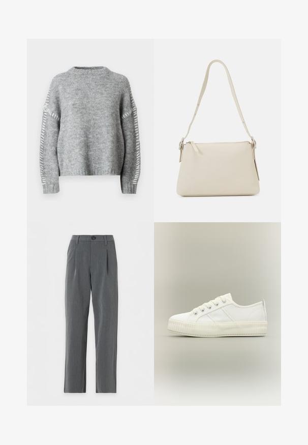 JDY JDYZOEY LIFE - Jersey de punto - light grey melange; Pantalones de vestir grises de corte recto con trabillas para cinturón, cierre delantero con botones y pliegues cerca de la cintura sobre un fondo blanco.; Zapatilla deportiva blanca de caña baja con suela gruesa acanalada, cordones delanteros y tira para tirar en el talón sobre un fondo neutro.; Bolso de hombro beige hecho de cuero suave con cierre de cremallera. Presenta un diseño simple, correa de hombro delgada y acentos de hardware metálico.