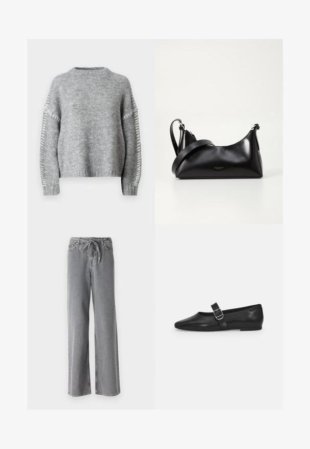 JDY Knitted JDYZOEY Knitted - Jersey de punto - light grey melange; Jeans anchos grises de mezclilla, con una cinturilla de cordón y dos bolsillos delanteros. La textura es suave, con un acabado ligeramente descolorido.; Zapato plano de cuero negro con punta redondeada, una sola correa ajustable con hebilla y una textura suave y brillante. Diseño minimalista con un tacón bajo.; Bolso de mano de cuero negro con una textura suave. Cuenta con una correa ajustable y un diseño elegante y minimalista con cierre de cremallera.