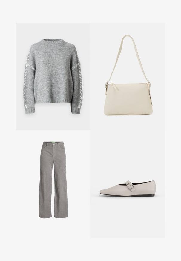JDY JDYZOEY LIFE - Striktrøje - light grey melange; Grå fløjl bredbenede bukser med knaplukning og bæltestropper. Har to sidelommer og et blødt, tekstureret stof.; Beige læder flad sko med spidse tæer, en sidelukning som accent og en lav sort sål. Glat tekstur og minimalistisk design.; Beige skuldertaske lavet af glat læder med lynlås-lukning. Har et enkelt design, slank skulderrem og metalbeslag som detaljer.