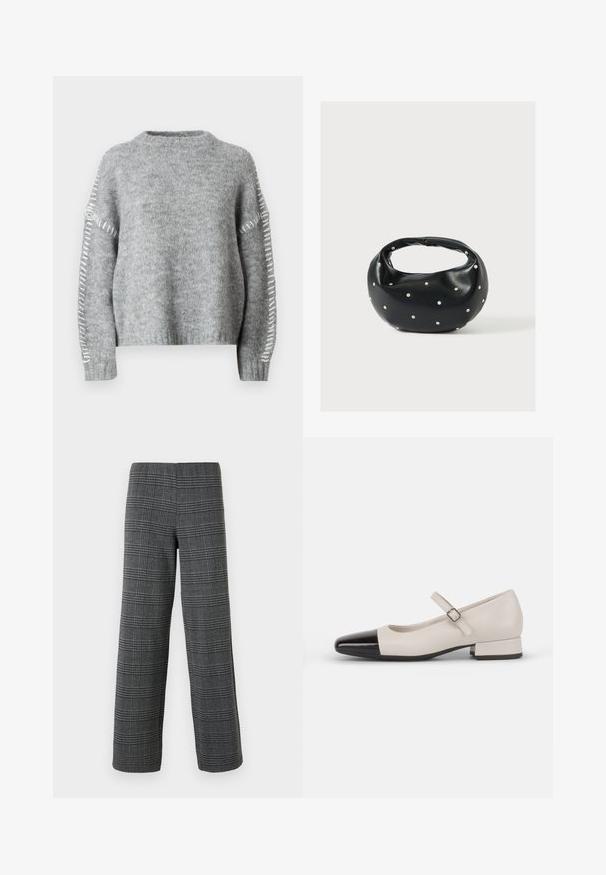 JDY JDYZOEY LIFE - Jersey de punto - light grey melange; Vero Moda VMBERLIN WIDE PANT - Pantalones - dark grey/black; Zapato estilo Mary Jane en cuero crema con puntera de charol negro. Presenta una punta redonda, tirante en el tobillo con una hebilla cuadrada y un tacón bajo y cuadrado.; Bolso de mano de cuero negro con forma redondeada, decorado con detalles de tachuelas plateadas y un asa corta. Textura lisa y cierre con cremallera.