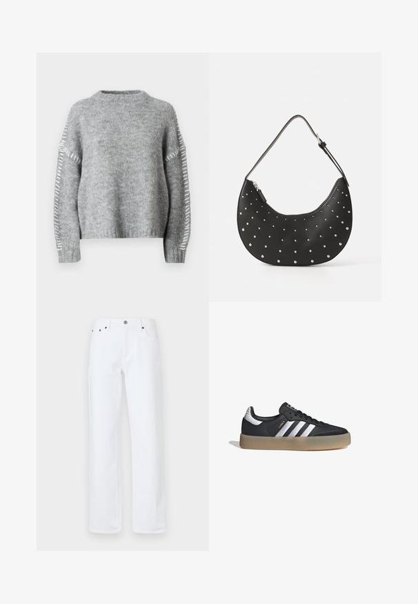 JDY JDYZOEY LIFE - Jersey de punto - light grey melange; Los vaqueros de denim blanco cuentan con un ajuste relajado, pierna recta, diseño de cinco bolsillos, cierre frontal con botón y remaches en tono cobre.; Zapatilla deportiva de cuero negro con tres rayas plateadas, punta texturizada y suela de goma. Cuenta con un collar acolchado y un diseño con cordones.; Bolso de mano de cuero negro con forma curva, adornado con tachuelas plateadas, cuenta con cierre de cremallera y una sola correa ajustable.