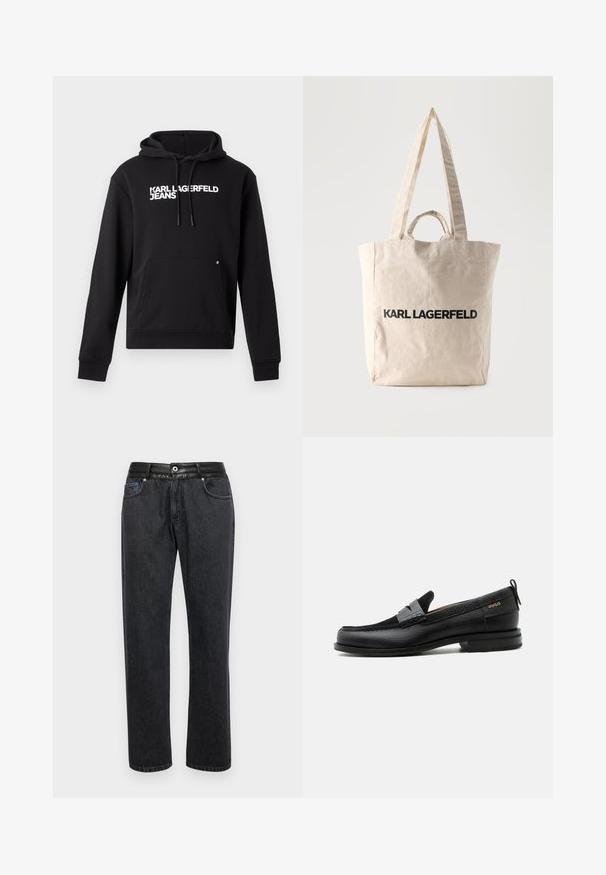 Zwarte hoodie van zachte stof, met een kangoeroezak en een capuchon met trekkoord. "KARL LAGERFELD JEANS" in het wit gedrukt over de borst.; Zwarte denim jeans met een rechte pasvorm, voorzien van een soepele leren tailleband, frontzakken en subtiele stikseldetails.; Zwarte leren loafer met grijs riemdetailelement, lage hak en gestructureerde zool, aan de zijkant gebrandmerkt met "HUGO" in goud.; Beige canvas boodschappentas met lange en korte handvatten, met "KARL LAGERFELD" tekst in dikke zwarte letters gedrukt op de voorkant.