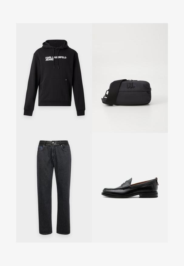 Sudadera negra de tejido suave, con un bolsillo canguro y capucha con cordón. "KARL LAGERFELD JEANS" impreso en blanco en el pecho.; Jeans de denim negro con un corte recto, que cuentan con una cinturilla de cuero suave, bolsillos frontales y detalles de costura sutiles.; Mocasín de hombre de piel negra con costura moc toe, tira penny, cuello texturizado y tacón bajo apilado sobre fondo blanco.; Bolsa cruzada de nylon negro con una textura suave, cierre de cremallera, correa ajustable y detalle de logo embossado en la parte frontal.