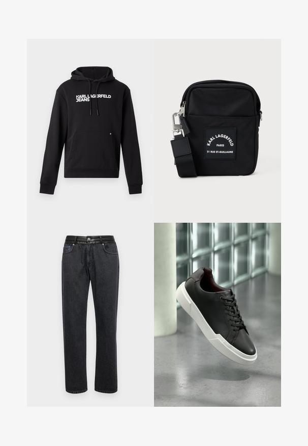 Sort hoodie lavet af blødt stof, med en kængurulomme og hætte med snor. "KARL LAGERFELD JEANS" trykt i hvidt på brystet.; Sorte denim jeans med lige pasform, der har en glat lædertalje, forlommer og diskrete syninger.; Sort lædersneaker med tyk hvid sål, sorte snørebånd, svævende over en grå beton gulv nær en væg med glasblokke.; Sort nylon crossbody taske med rektangulær form, med en frontpatch etikette, sølvhardware og en justerbar rem.