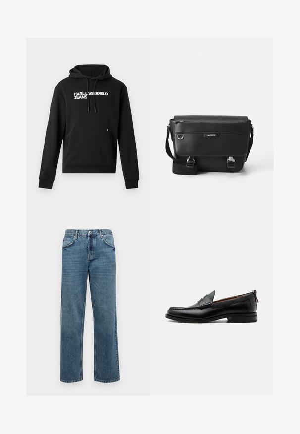 Čierna mikina s kapucňou vyrobená z mäkkého materiálu, s klokankou a kapucňou s šnúrkou. Na hrudi je biele potlačené "KARL LAGERFELD JEANS".; Modré džínsy s rovnými nohavicami, ktoré majú päť vreciek, zapínanie na gombík a zips, a viditeľné švy.; Čierny kožený pánsky mokasín s prešitím moc toe, penny remienkom, textúrovaným golierom a nízkym vrstveným podpätkom na bielom pozadí.; Čierna textúrovaná messenger taška Lacoste s nastaviteľným popruhom, prednou chlopňou, zipsovou kapsou a kovovými prackami.