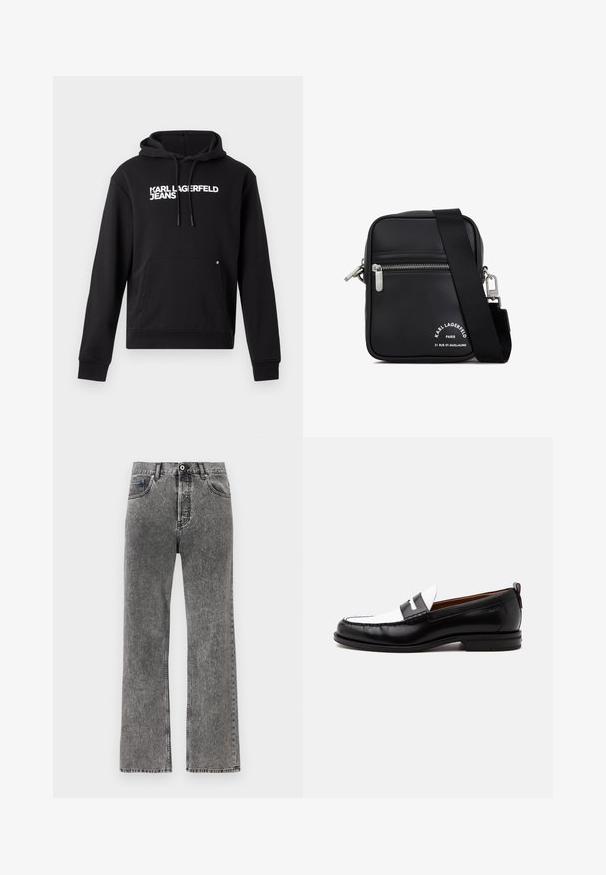 Čierna mikina s kapucňou vyrobená z mäkkého materiálu, s klokankou a kapucňou s šnúrkou. Na hrudi je biele potlačené "KARL LAGERFELD JEANS".; Rovné nohavice z čierneho umývaného denimu s predným gombíkom a zipsom, pútkami na opasok a dizajnom s piatimi vreckami.; Čierno-biely kožený loafer s prešívanými detailmi, nízkym podpätkom a slip-on dizajnom, zobrazený z boku na jednotnom pozadí.; Čierna kožená crossbody taška so striebornými kovovými prvkami, so zipsom, textúrovaným povrchom a výrazným bielym brandingom na prednej strane.