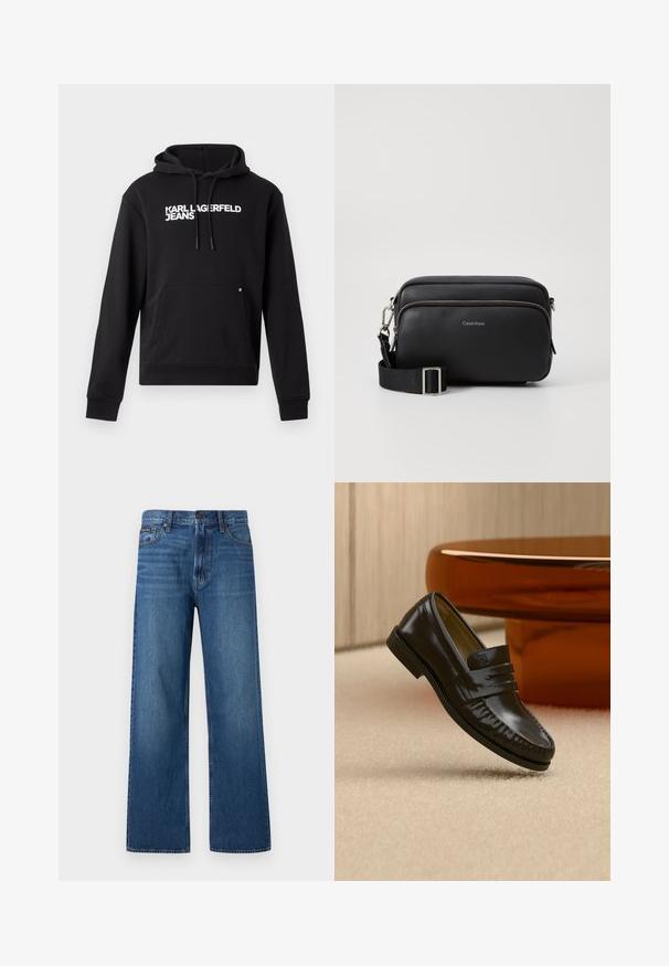Zwarte hoodie van zachte stof, met een kangoeroezak en een capuchon met trekkoord. "KARL LAGERFELD JEANS" in het wit gedrukt over de borst.; Blauwe high-waisted jeans met rechte pijpen, voorzien van een knoop- en ritssluiting aan de voorkant, vijf zakken en een klein merklabel op de rechterzak.; Glanzende zwarte leren loafer met een banddetail, geplaatst op een beige tapijt naast een ronde bruine salontafel in een zacht verlichte kamer.; Zwarte leren schoudertas met twee ritscompartimenten, gestructureerd afwerking, verstelbare schouderband en zilveren hardware-accenten. Calvin Klein-logo zichtbaar.