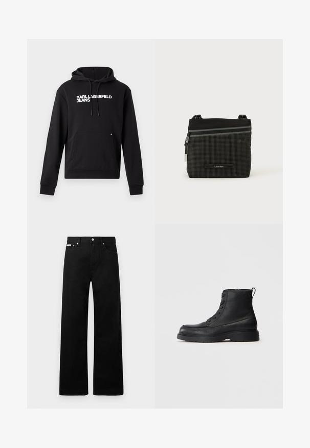 Zwarte hoodie van zachte stof, met een kangoeroezak en een capuchon met trekkoord. "KARL LAGERFELD JEANS" in het wit gedrukt over de borst.; Zwarte spijkerbroek met een wijd uitlopende pasvorm, voorzien van vijf zakken en metallic knopen. Gladde textuur, geen zichtbare patronen.; Zwarte gestructureerde leren veterschoen tot de enkel met dikke zool en een lusje aan de achterkant, zijaanzicht.; Zwart en grijs Calvin Klein schoudertasje met ruitpatroon, voorzak met ritssluiting en verstelbare riem op een witte achtergrond.