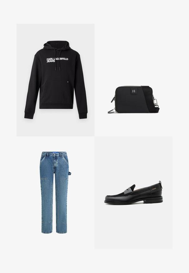 Sudadera negra de tejido suave, con un bolsillo canguro y capucha con cordón. "KARL LAGERFELD JEANS" impreso en blanco en el pecho.; Jeans de mezclilla azul con un diseño de pierna recta, que cuentan con parches en contraste, dos bolsillos frontales y un detalle de lazo visible en el lado.; Mocasín de cuero negro con detalle de tira gris, tacón bajo y suela texturizada, con la marca "HUGO" en oro en el lateral.; Bolso rectangular negro hecho de material texturizado, con cierre de cremallera, correa ajustable y un parche con el logotipo en la parte frontal.