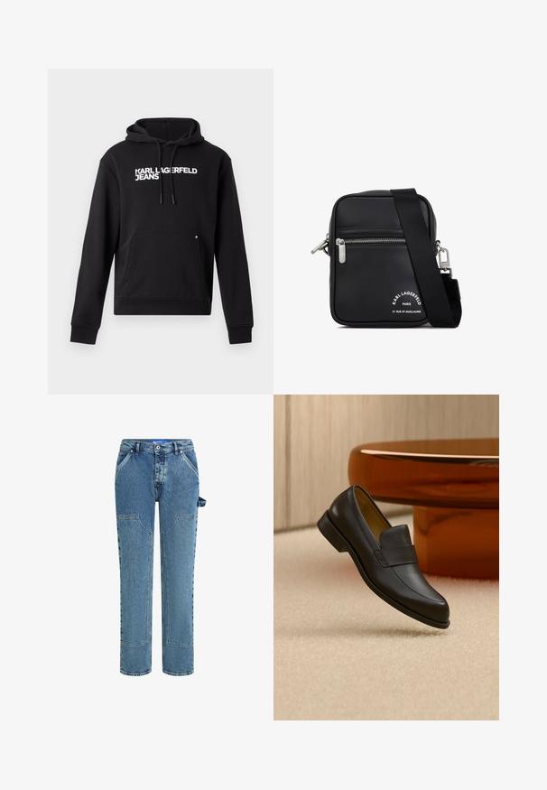 Sudadera negra de tejido suave, con un bolsillo canguro y capucha con cordón. "KARL LAGERFELD JEANS" impreso en blanco en el pecho.; Jeans de mezclilla azul con un diseño de pierna recta, que cuentan con parches en contraste, dos bolsillos frontales y un detalle de lazo visible en el lado.; Zapato mocasín de cuero negro con tacón bajo flotando sobre suelo alfombrado beige cerca de una mesa redonda marrón.; Bolso cruzado de piel negra con herrajes de plata, un compartimento con cremallera, una superficie texturizada y una marca blanca prominente en el frente.