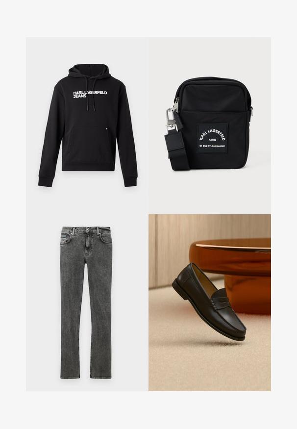 Čierna mikina s kapucňou vyrobená z mäkkého materiálu, s klokankou a kapucňou s šnúrkou. Na hrudi je biele potlačené "KARL LAGERFELD JEANS".; Šedé džíny z denimu so strihom rovného nohavice, so štandardným päť vreckovým dizajnom, gombíkovým zapínaním a jemným odtieňovaním po celom obvode.; Čierny kožený mokasín zavesený nad béžovým kobercom s moderným nábytkom farby jantáru v pozadí.; Čierna nylonová crossbody taška s obdĺžnikovým tvarom, s predným nášivkovým označením, strieborným kovovým hardvérom a nastaviteľným popruhom.