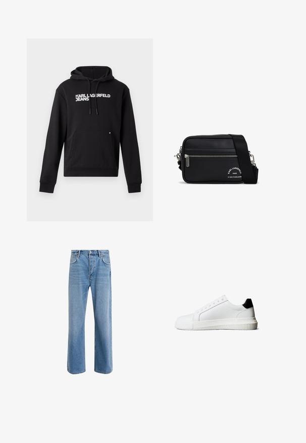 Čierna mikina s kapucňou vyrobená z mäkkého materiálu, s klokankou a kapucňou s šnúrkou. Na hrudi je biele potlačené "KARL LAGERFELD JEANS".; Svetlo modré denimové džínsy so strihom rovného nohu, päť vreciek, zapínanie na gombík, minimálne vyblednutie a kontrastné švy.; Biele kožené tenisky s čiernym akcentom na päte, vybavené plochými šnúrkami, zaoblenou špičkou a rebrovanou gumovou podrážkou pre lepšiu priľnavosť.; Čierna syntetická crossbody taška so strieborným zipsom, nastavitelným popruhom a potlačou loga. Má obdlžnikovým tvar a hladkú textúru.
