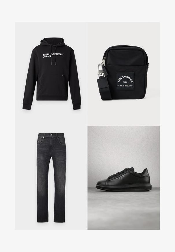 Čierna mikina s kapucňou vyrobená z mäkkého materiálu, s klokankou a kapucňou s šnúrkou. Na hrudi je biele potlačené "KARL LAGERFELD JEANS".; Tmavomodré rifľové nohavice so strihom rovného strihu, s piatimi vreckami, zapínaním na gombík a jemnými vyblednutými detailmi pozdĺž nôh.; Osoba nosiaca čierne tenisky Karl Lagerfeld s čiernymi nohavicami, stojaca na drevenej parketovej podlahe proti bielej doskovanej stene.; Čierna nylonová crossbody taška s obdĺžnikovým tvarom, s predným nášivkovým označením, strieborným kovovým hardvérom a nastaviteľným popruhom.