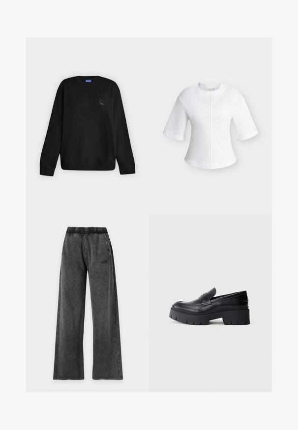 Sweat-shirt noir à manches longues avec col rond, motif brodé discret et texte "Hugo" sur la partie supérieure gauche de la poitrine.; Blouse blanche à manches courtes avec un col rond et un détail de couture verticale centrale à l'avant.; Pantalon noir délavé, coupe ample, avec une ceinture élastique et des poches latérales, comportant une petite étiquette rectangulaire sur la cuisse droite.; Mocassin plateforme noir épais avec tige en cuir lisse, sangle décorative et semelle texturée épaisse sur fond blanc.